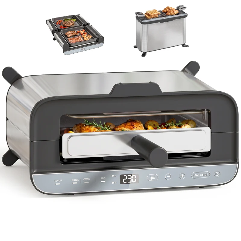 HOMCOM Mini-Four Électrique 3-en-1 1700 W, Grille-Pain à Fente Longue, Gril de Table 4,9L, Écran LED, Minuterie 60 min, Argenté