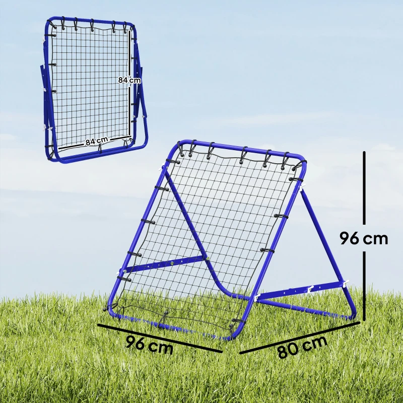 HOMCOM Filet de Rebond Rebondeur de Football en Métal avec Angle Réglable 20 Cordes Élastiques 96x80x96 cm Bleu