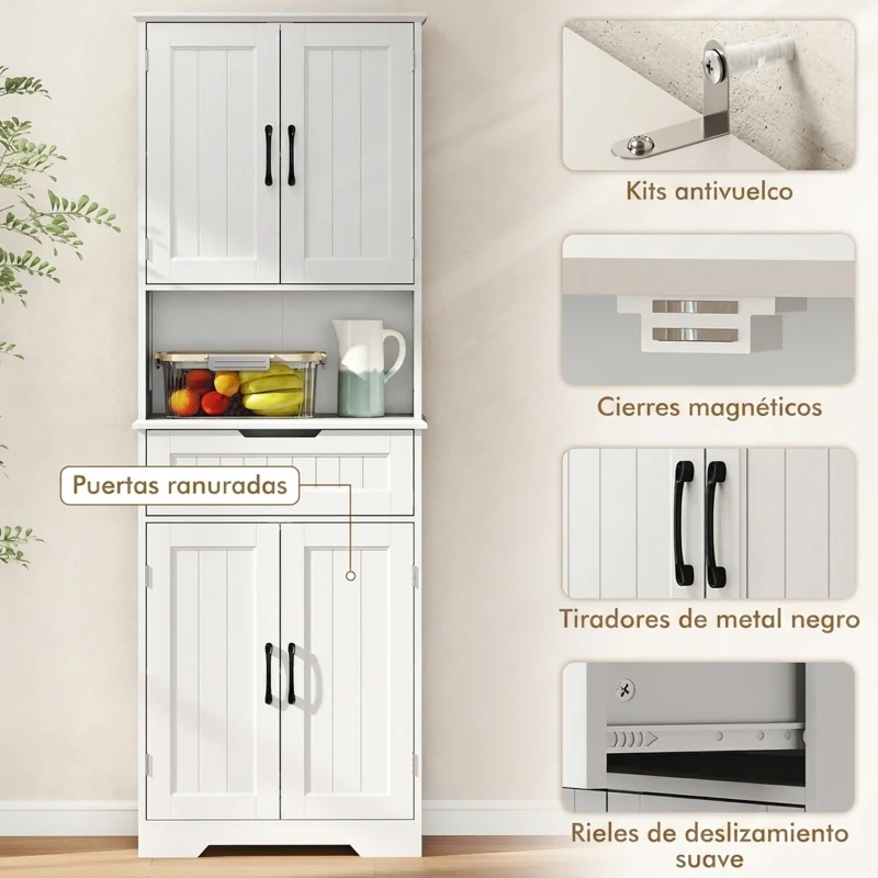 HOMCOM Alacena de Cocina Alta Mueble Auxiliar de Cocina con 4 Puertas 5 Estantes Cajón Estantes Ajustables 60x30x172 cm Blanco