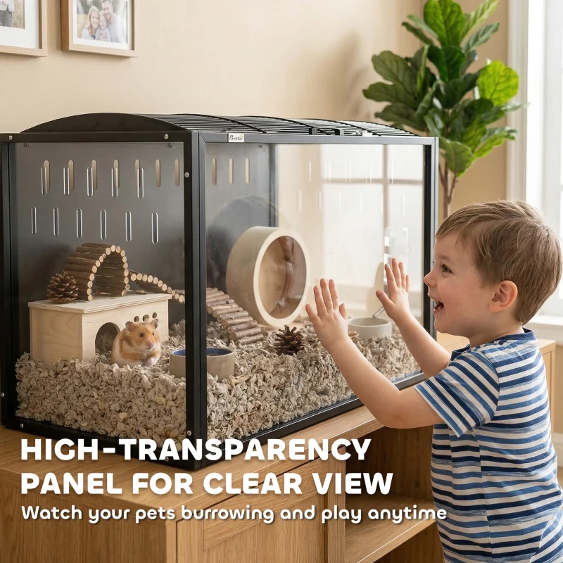 PawHut Jaula para Hámster Gigante Hábitat para Roedor en Acero y Acrílico Transparente Vista Panorámica 81 x 51 x 53 cm Negro