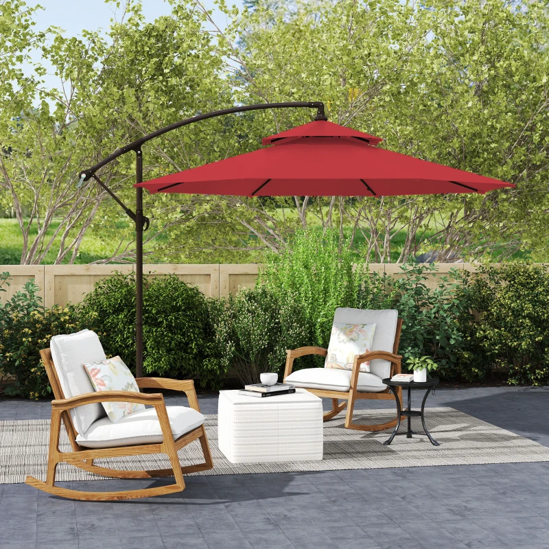Outsunny Parasol déporté octogonal double toit inclinable manivelle avec pied en croix acier polyester Ø 2,67 x 2,65H m rouge