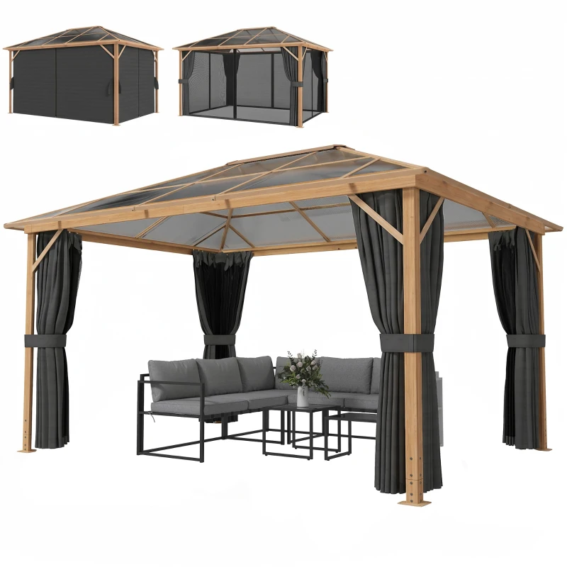 Outsunny Tonnelle de Jardin Pavillon Extérieur Aspect Bois Toit Rigide en Polycarbonate UV50+ Imperméable 398x298x262cm Naturel