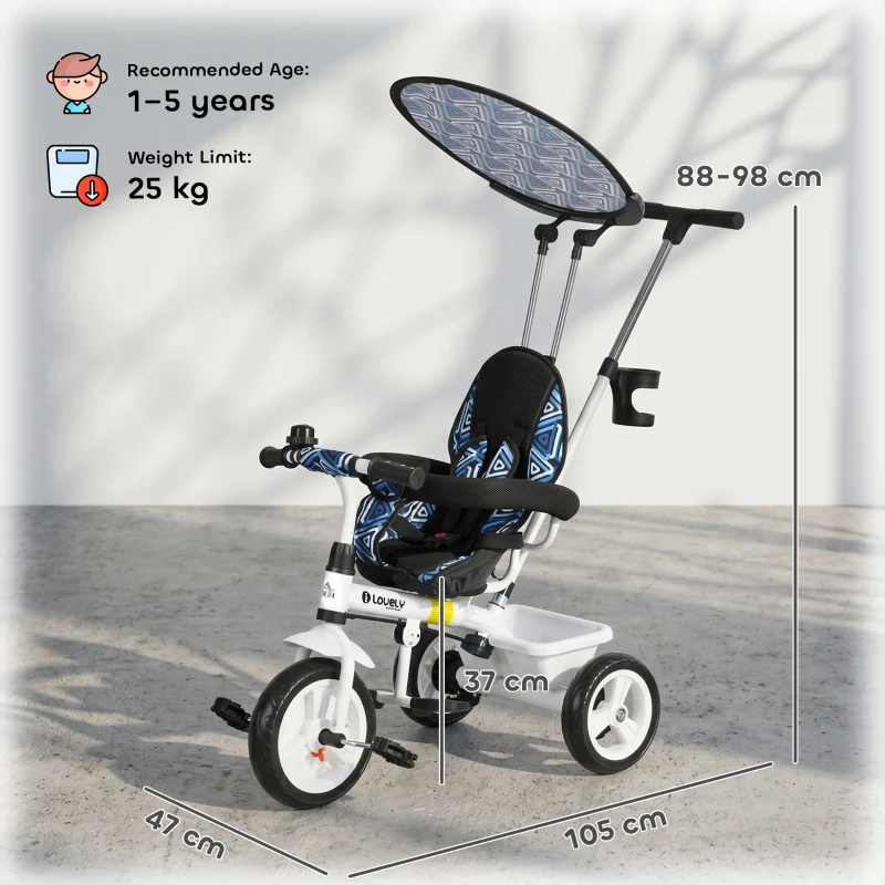 HOMCOM 6 in 1 Tricycle for Kids with 5-point harness straps, Removable Canopy, Blue