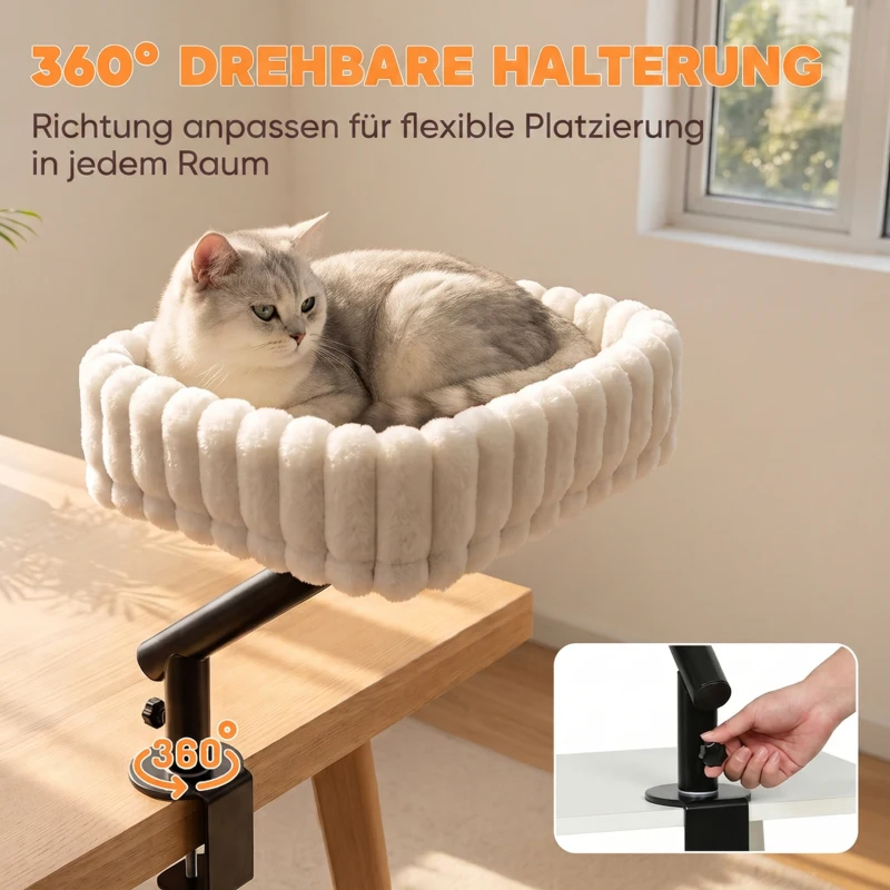 PawHut Katzen-Schreibtischbett, Katzenbett für Schreibtisch mit 360°Drehung, Hängeball verstellbare Klemme für Katze unter 6 kg