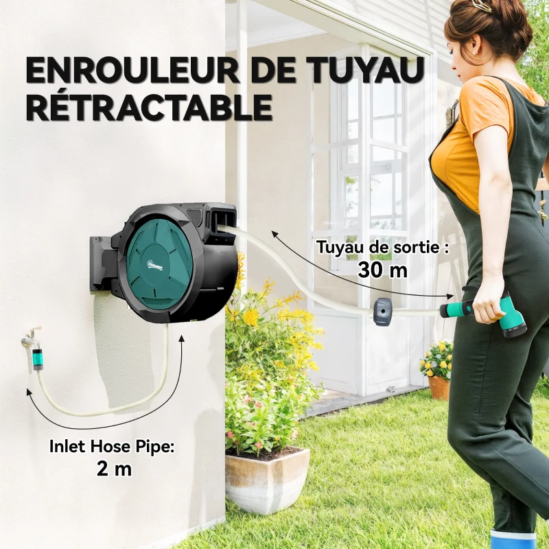 Outsunny Enrouleur Tuyau Arrosage Mural 25 m x Ø 15 mm Dévidoir Automatique de Tuyaux d'Eau Rétractable Automatique vert