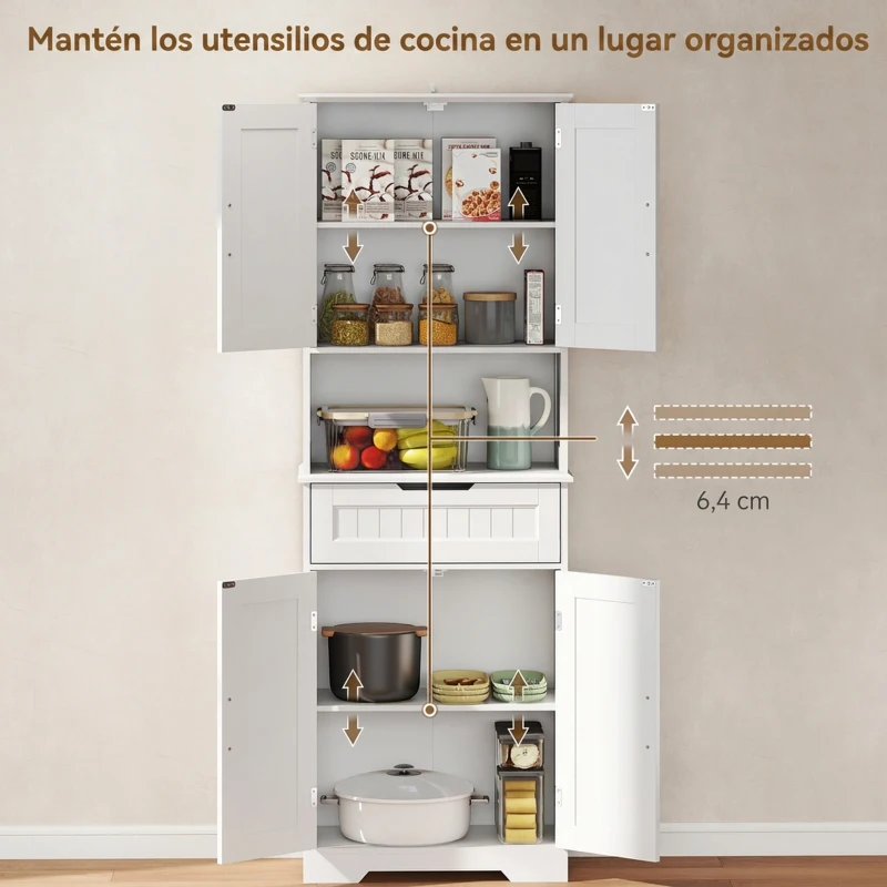HOMCOM Alacena de Cocina Alta Mueble Auxiliar de Cocina con 4 Puertas 5 Estantes Cajón Estantes Ajustables 60x30x172 cm Blanco