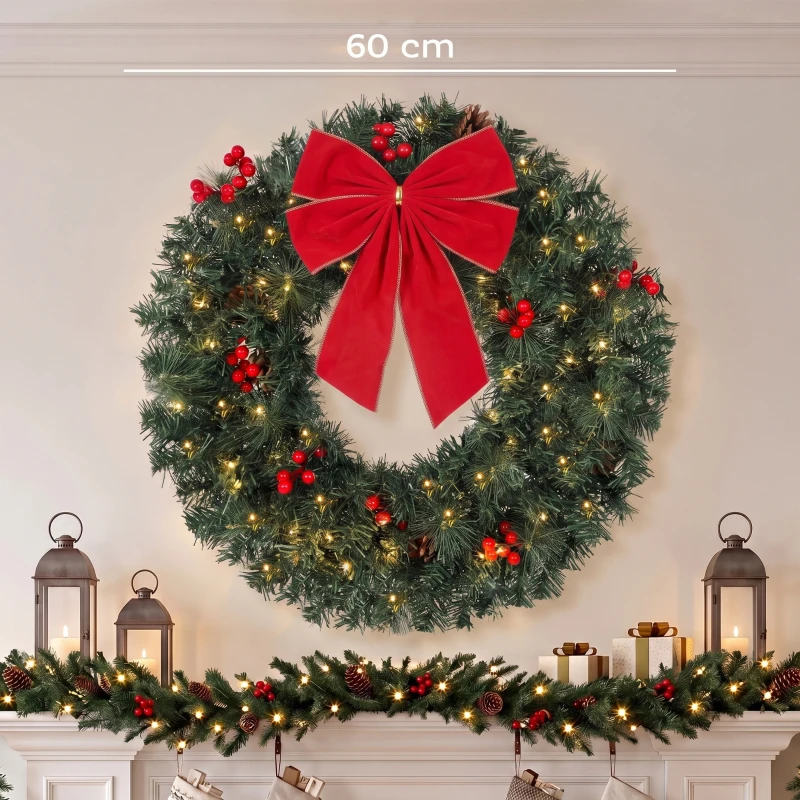HOMCOM Kerstkrans 60 cm, deurkrans in Crestwood-sparrenlook met strik, 50 leds, 140 takpunten, 8 lichtstanden