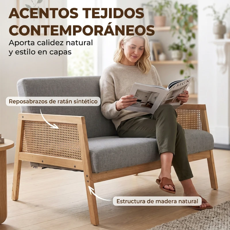 HOMCOM Sofá de 2 Plazas Tapizado en Lino con Detalles Ratán Sintético Estructura de Madera Carga 240 kg 115x77x77 cm Gris