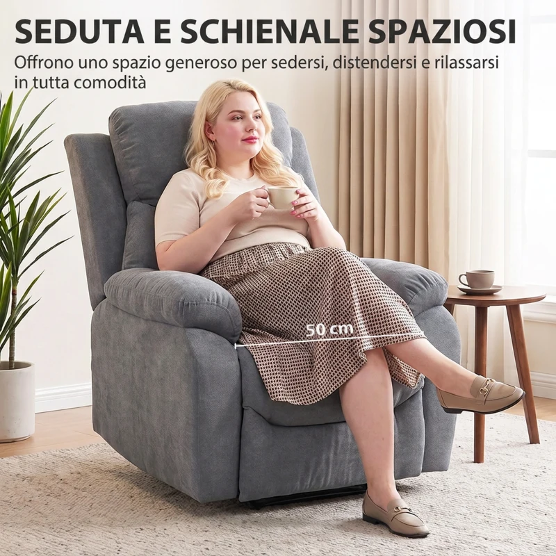 HOMCOM Poltrona Reclinabile Manuale in Tessuto Effetto Lino con Poggiapiedi e Braccioli Imbottiti, Grigio Scuro