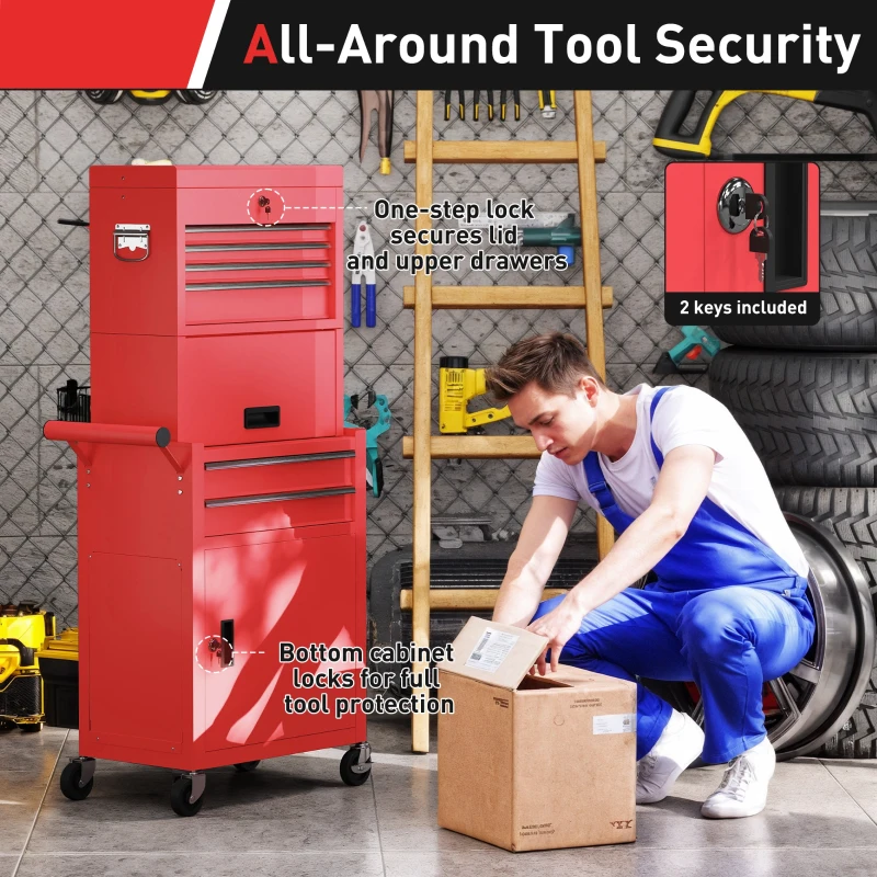 HOMCOM Three-Part Steel Locking Tool Chest - Red