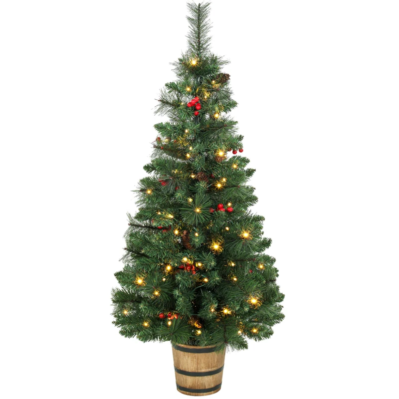 HOMCOM Kunstkerstboom 120 cm met 100 leds, 131 takpunten, bessen, 2 lichtkleuren en afstandsbediening
