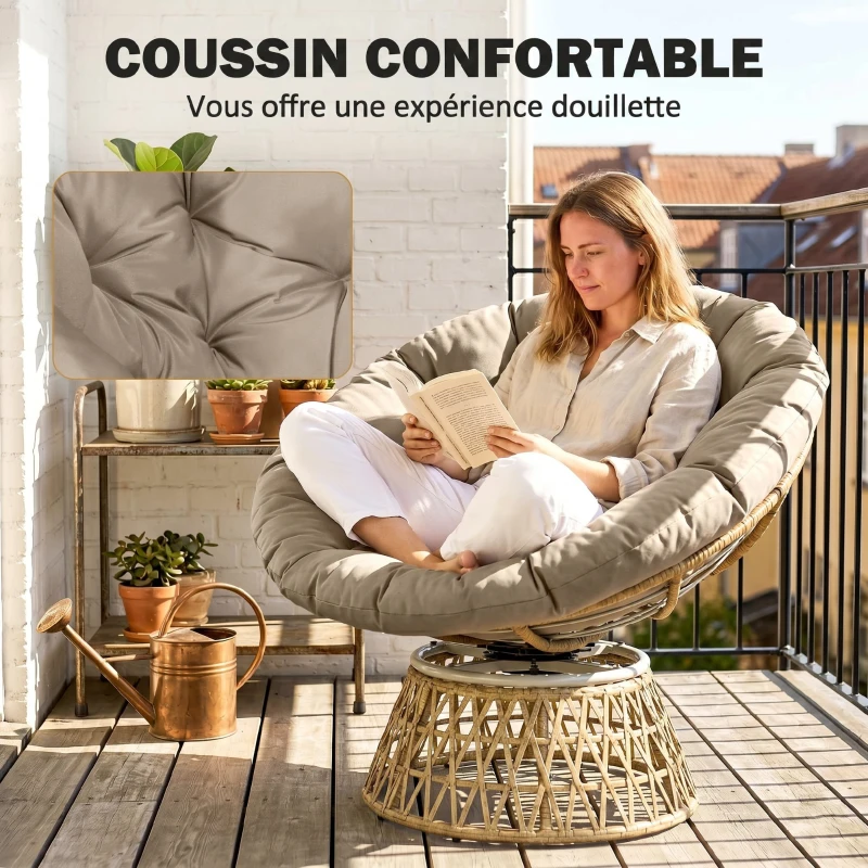 Outsunny Ensemble salon de jardin 3 pièces avec 2 fauteuils papasan pivotant et 1 tables basse ronde polyester résine tressée