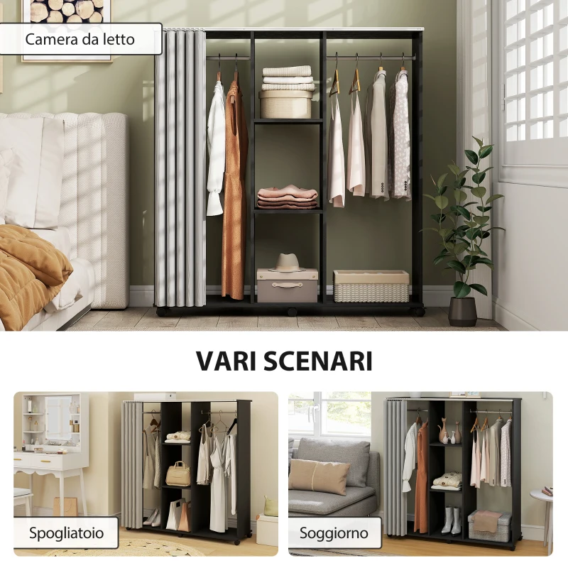 HOMCOM Stand Appendiabiti con 6 Ruote, Appendiabiti da Terra con 3 Ripiani e 2 Aste per Vestiti, Guardaroba Porta Abiti in Legno Tessuto di Lino e Alluminio, per Camera da Letto Soggiorno Corridoio Ingresso, Tenda Grigia e Nero