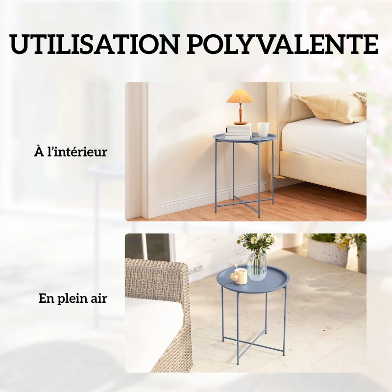 Outsunny Table Basse Ronde Table d'Appoint Plateau Amovible avec Bord Relevé Pieds Pliables en Métal Ø46x53cm Bleu Gris