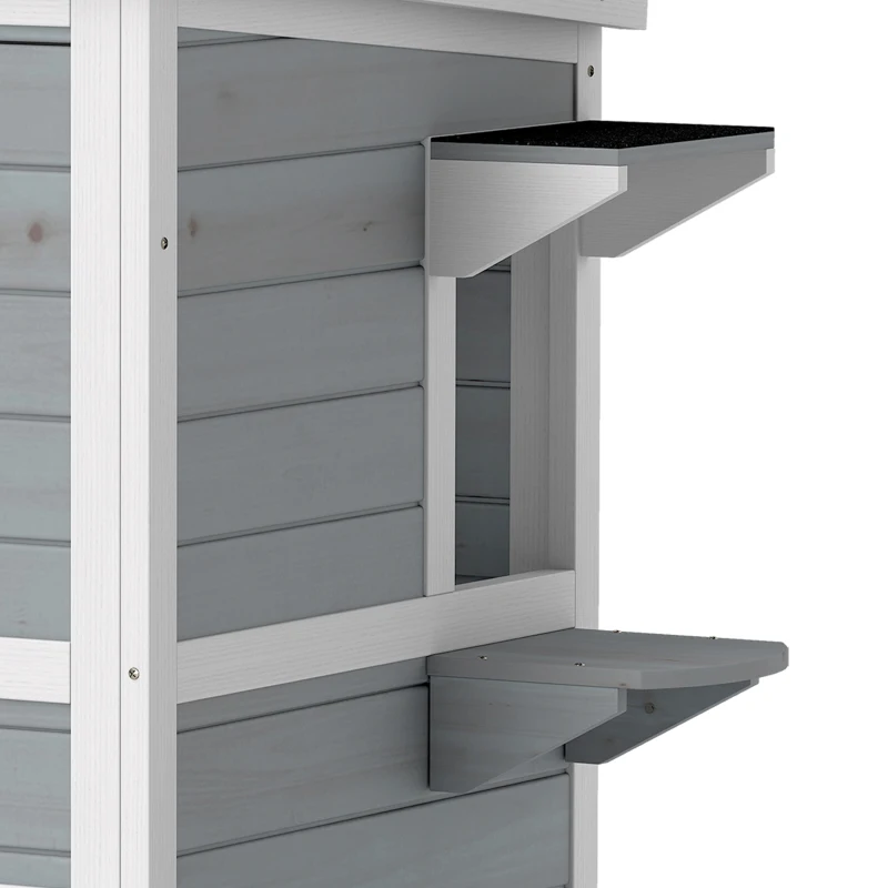 PawHut Wooden Cat House 2-Floor Outdoor Kitten Shelter with 3 Doors and Window Grey