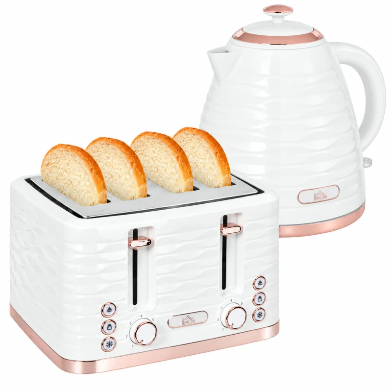 HOMCOM 2-in-1 Toaster en Waterkoker Set, 7 Bruiningsniveaus, Ontdooien en Verwarmen Functie, Cremewit