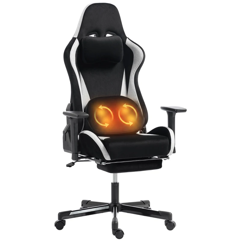 HOMCOM Gaming-Stuhl mit Massage- und beheiztem Lendenkissen, ergonomisch, Leinenoptik, 3D-Armlehnen, Kopfstütze, Schwarz