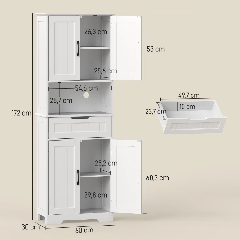 HOMCOM Alacena de Cocina Alta Mueble Auxiliar de Cocina con 4 Puertas 5 Estantes Cajón Estantes Ajustables 60x30x172 cm Blanco