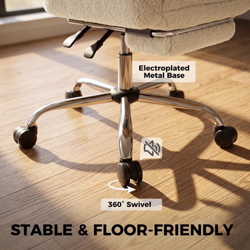 HOMCOM Chaise Bureau Ergonomique avec Accoudoirs Rabattables 5 Niveaux, Fauteuil de Bureau Inclinable en Tissu Teddy, Crème