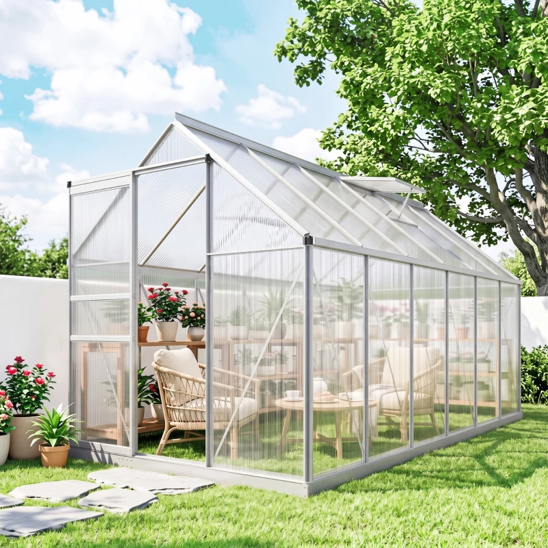 Outsunny Serre de jardin 7,1 m² en aluminium polycarbonate avec fondation, 190 x 375 x 199 cm, serre avec fenêtre