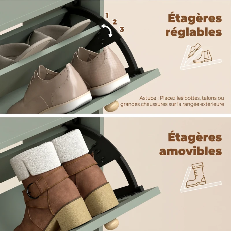 HOMCOM Meuble à chaussures 12 paires, armoire à chaussures avec 2 tiroirs rabattables, étagères réglables, 80x26x101 cm, vert