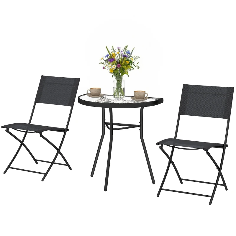 Outsunny Ensemble Bistro d'Extérieur, Mobilier de Patio 3 Pièces avec Chaises Pliantes, Table en Verre Semi-Circulaire, Noir