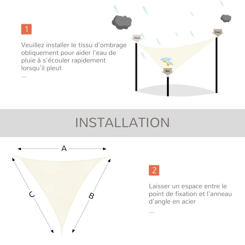 Outsunny Voile d'ombrage Triangulaire Grande Taille 6 x 6 x 6 m polyéthylène Haute densité résistant aux UV Coloris crème