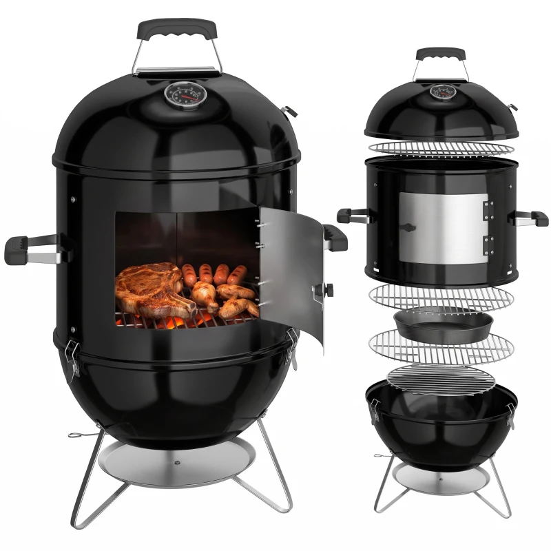 Outsunny Fumoir 3 en 1 avec 3 Grilles de Cuisson, Thermomètre Intégré, Ventilation Réglable, 62,5x47,5x91cm, Noir