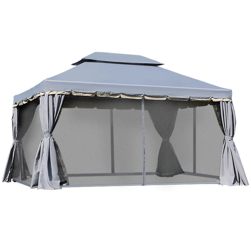 Outsunny Tonnelle de jardin extérieur 3,9 x 2,9 m, barnum avec toit double, rideaux et moustiquaire, tente de réception en aluminium, tonnelle pour terrasse patio mariage baptême, gris(m-8)