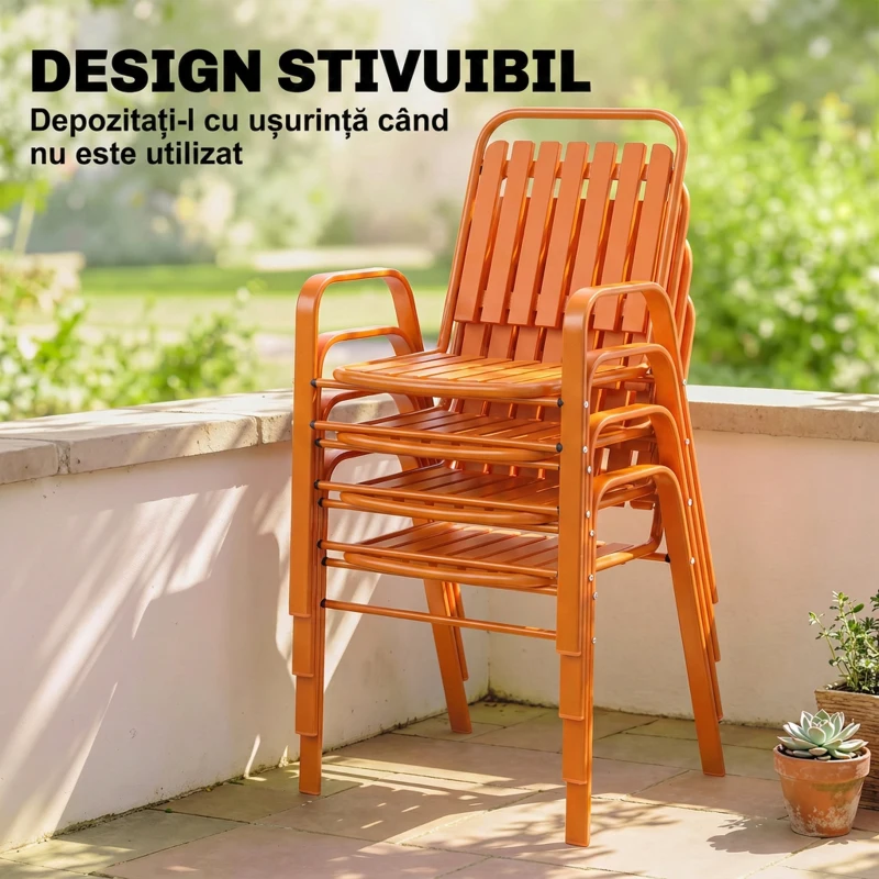 Outsunny Set de 4 Scaune de Grădină Stivuibile cu Spătar Înalt și Brațe, 56x66x91 cm, Maro Închis
