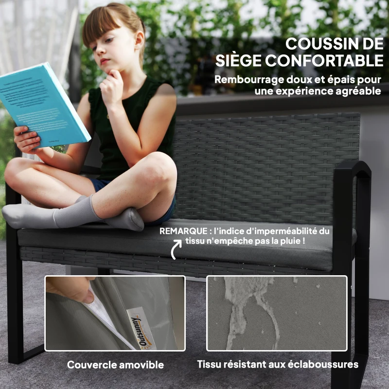Outsunny Banc de jardin 2 places, banc d'extérieur en résine tressée PE avec coussin, acier galvanisé, 103x58x78cm, gris et noir