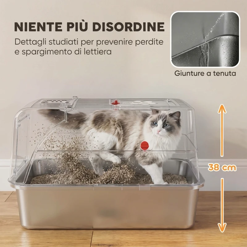 PawHut Lettiera Gatto Chiusa XL in Acciaio Inox con Coperchio, Gradino Raccogli-lettiera, Paletta, Grigio Chiaro