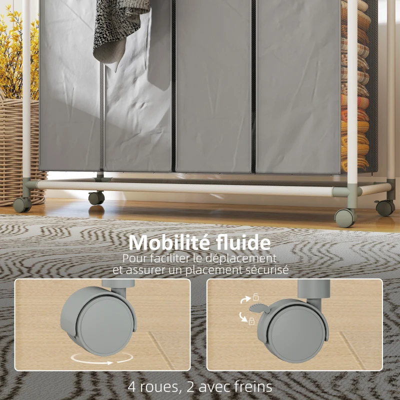 HOMCOM Panier à linge mobile, chariot linge sale, corbeille à roulettes avec 4 sacs amovibles, 4 x 40L, 97 x 38 x 81 cm, gris