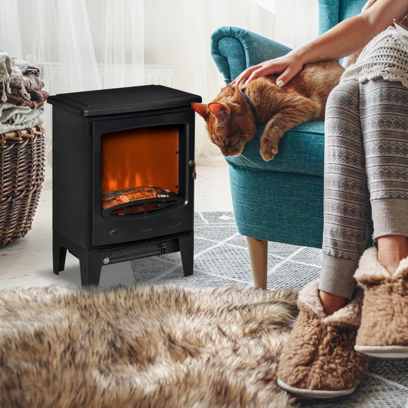HOMCOM Freestanding Electric Fireplace Stove Heater with Realistic Flame Effect Black