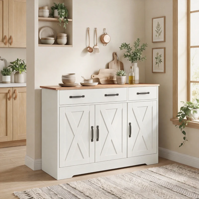 HOMCOM Credenza Cucina Rustico, Mobile Cucina con 2 Cassetti e 3 Ante, Ripiani Regolabili, 108x40x81 cm, Bianco