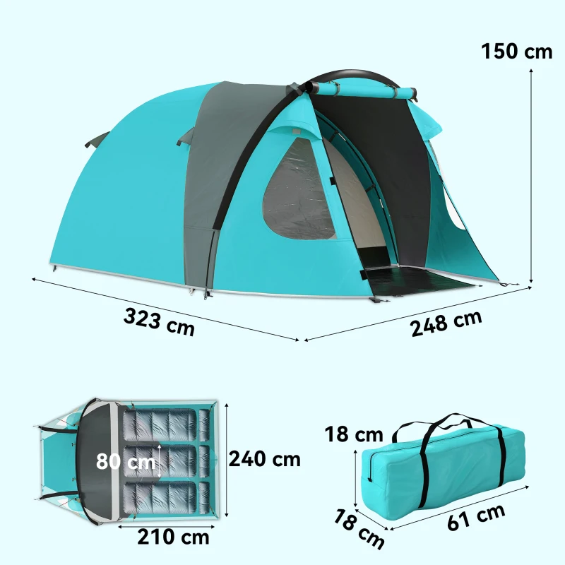 Outsunny Tenda da Campeggio 3 Persone con Camera e Veranda, 3000mm e Borsa di Trasporto, Azzurro