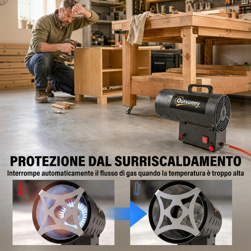Outsunny Riscaldatore Industriale a Gas Portatile 10kW Con Protezione, Nero
