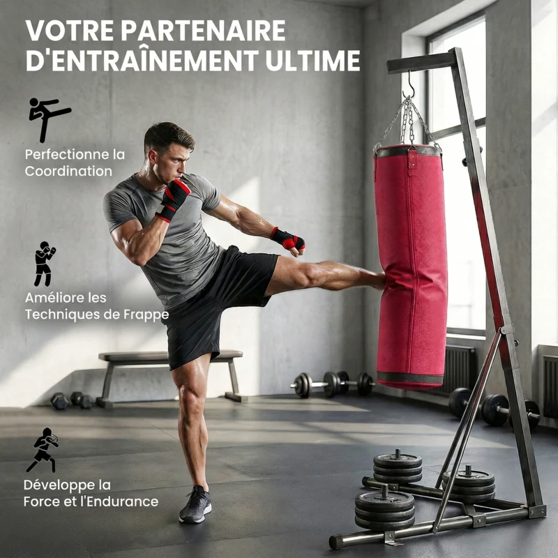 SPORTNOW Support Sac de Frappe Autoportant avec Sac de Frappe et Base Lesté Réglable en Hauteur 175x91x231cm Rouge