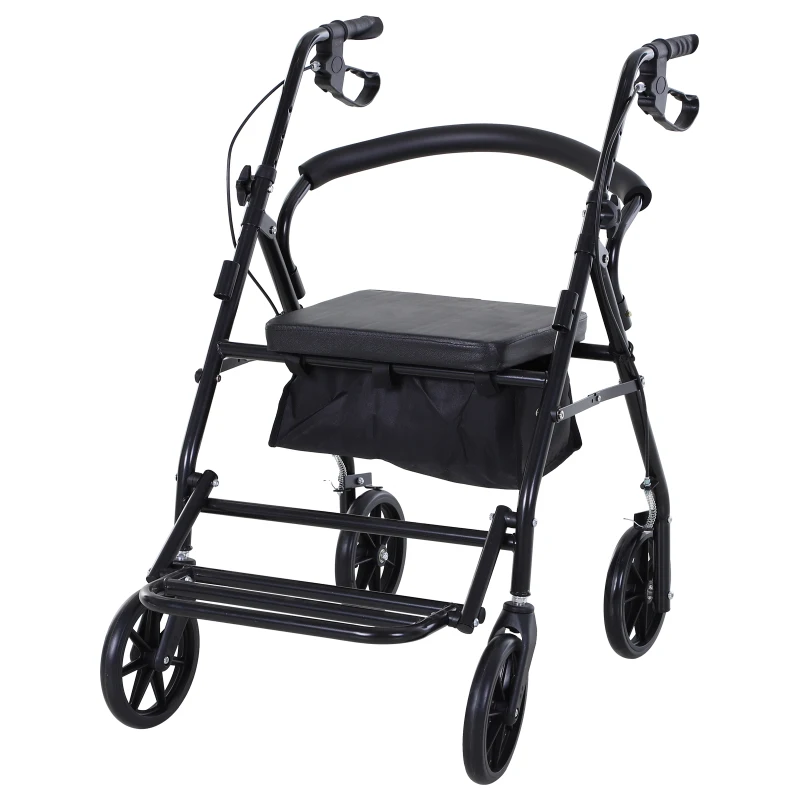 HOMCOM Cadru de mers pliabil pentru vârstnici cu șezut și 4 roți mâner ergonomic reglabil pe înălțime frâne cu levier coș negru