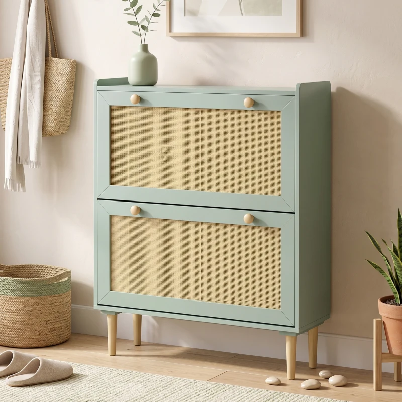 HOMCOM Meuble à chaussures 12 paires, armoire à chaussures avec 2 tiroirs rabattables, étagères réglables, 80x26x101 cm, vert