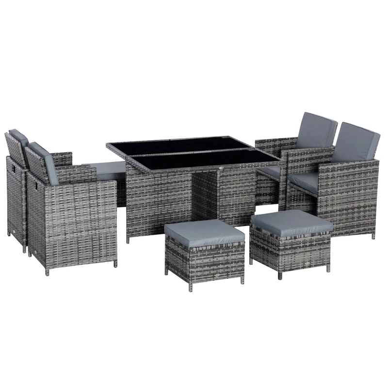 Outsunny 9 Pieces Rattan Dining Set Garden Furniture Cushion Seat Woven Rattan Grey
