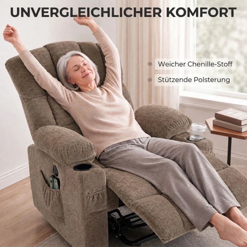 HOMCOM Fernsehsessel mit Aufstehhilfe, Elektrischer Relaxsessel mit Massage & Wärme, Liegefunktion, USB-Anschlüssen, Braun