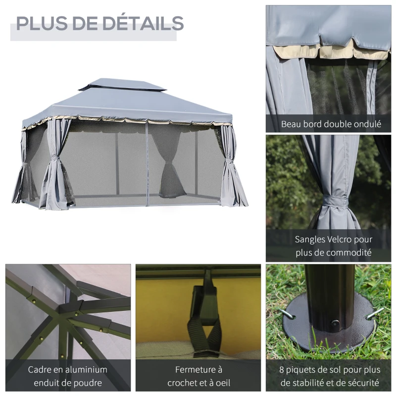 Outsunny Tonnelle de jardin extérieur 3,9 x 2,9 m, barnum avec toit double, rideaux et moustiquaire, tente de réception en aluminium, tonnelle pour terrasse patio mariage baptême, gris(m-6)