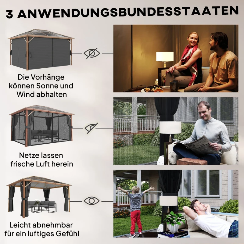 Outsunny Gartenpavillon ca. 4x3m Aluminium Pavillon mit Polycarbonat-Dach 6 mm Moskitonetz 4 Seitenteile Holzoptik Naturholz