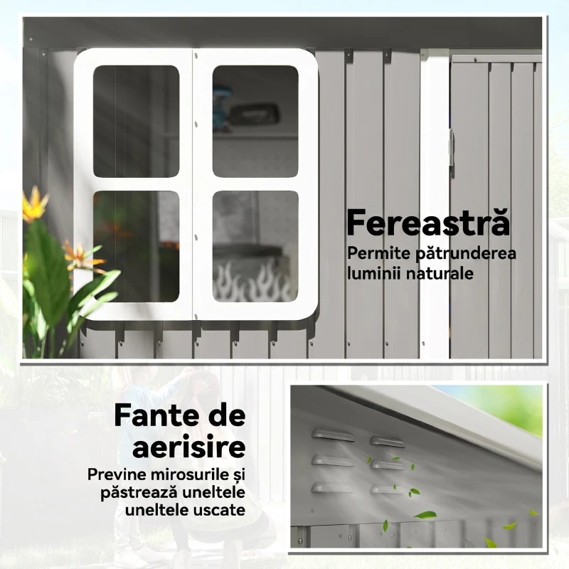 Outsunny Căsuță de grădină 4,13 m² din oțel galvanizat cu kit de fundație, acoperiș înclinat, ușă dublă cu încuietoare, orificii de aerisire, fereastră, gri