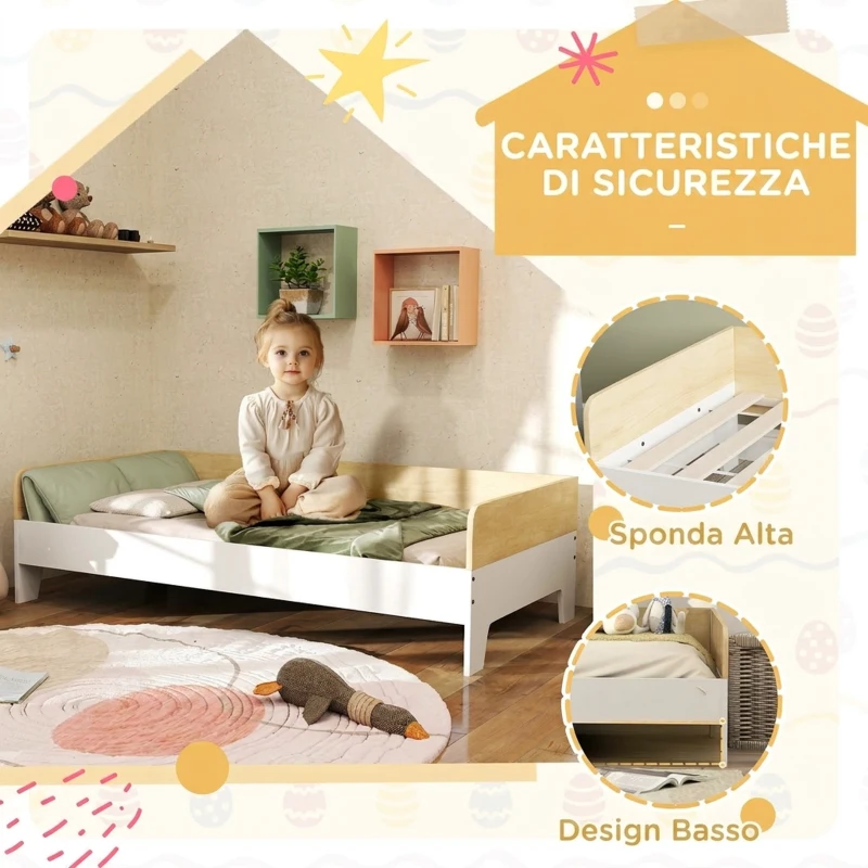 AIYAPLAY Letto per bambini 3-8 anni 143,5x74 cm con pannelli laterali alti, bianco