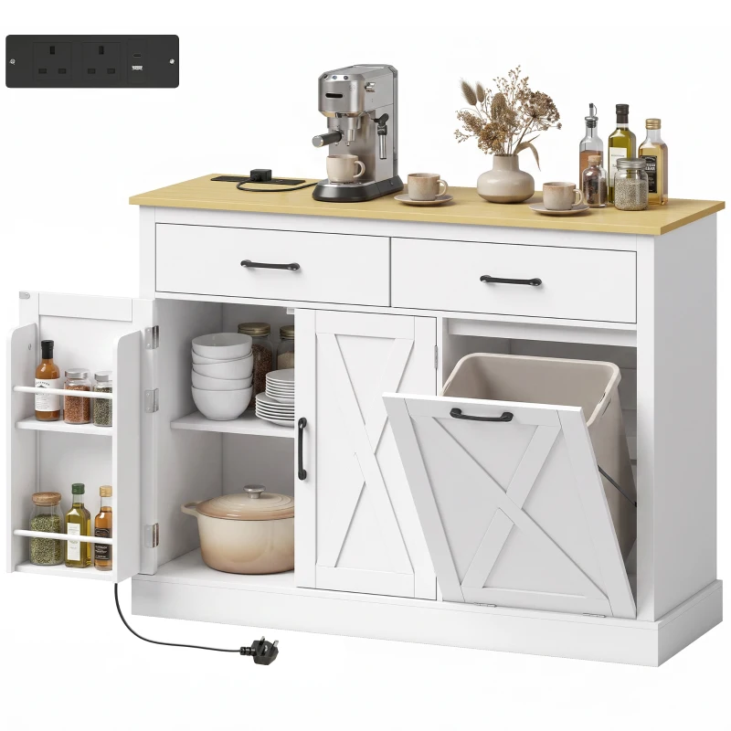 HOMCOM Tilt Out Trash Cabinet with Charging Station, Kitchen Island with Storage, 57 Liter Hidden Rubbish Bin Storage, White