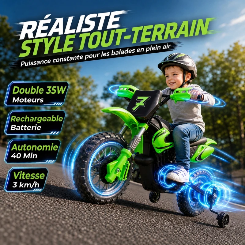 AIYAPLAY Moto Électrique Enfants 12 V, Vitesse Max 3 Km/h, Batterie au Lithium, Double Moteur, Suspension Arrière, Vert