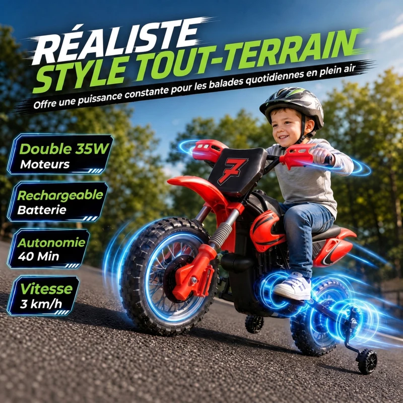 AIYAPLAY Moto Électrique Enfants 12 V, Vitesse Max 3 Km/h, Batterie au Lithium, Double Moteur, Suspension Arrière, Rouge