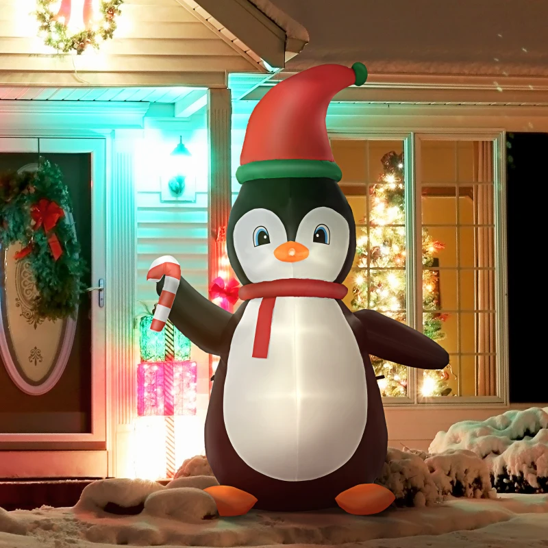 HOMCOM 2.5m Inflatable Christmas Penguin Holding Candy Cane Built-in LED for Party
